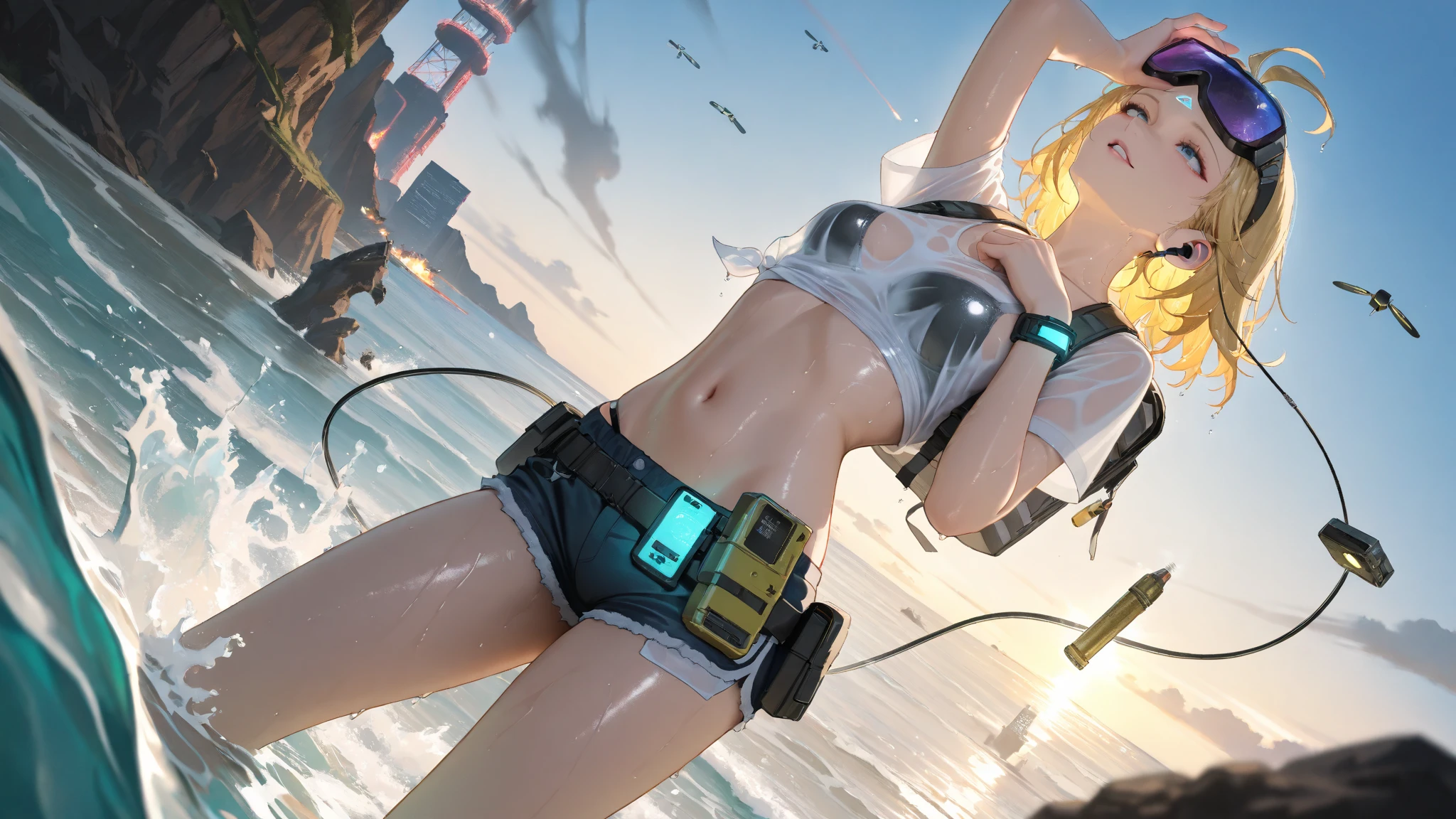 Giantess with firm , long sexy legs, yellow hair and in bikini is lying on the ground, while the city at her feet burns in flames for the destruction she has caused, while people run away from her, so as not to die crushed by her heels. Giantess, goddess, macrophilia, curvaceous body, hentai, fetish, sexy legs, bikini, high heels, high quality