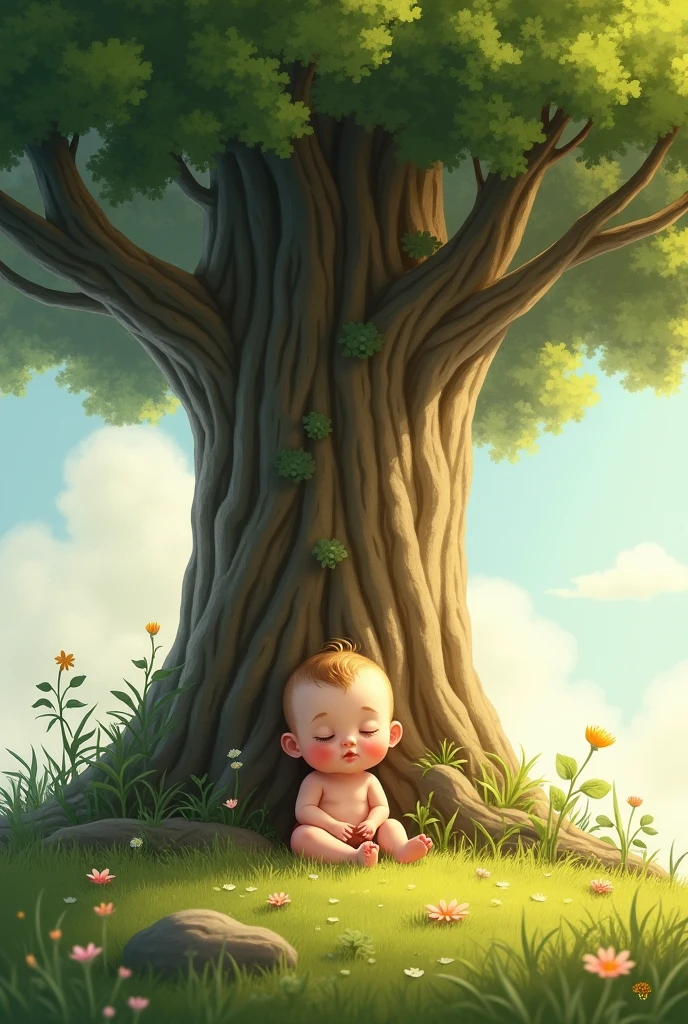 One day a baby was sitting under a tree.