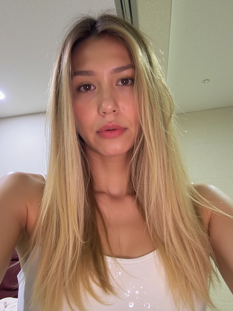 gorgeous woman, 1 girl, white onepiece swimsuit:1.2, skinny, healthy, perfect body:1.2, abs:1.1,  blond hair:400.1, Rain Wet, wet body:1.2, night pool room:1.6, ultra-detailed face, detailed lips, detailed eyes, double eyelids, pubic hair, black skin, trimmed bangs, shy smile, (best quality,8k,masterpiece:1.3)  Frontal and full-body shot  line Front facing and 