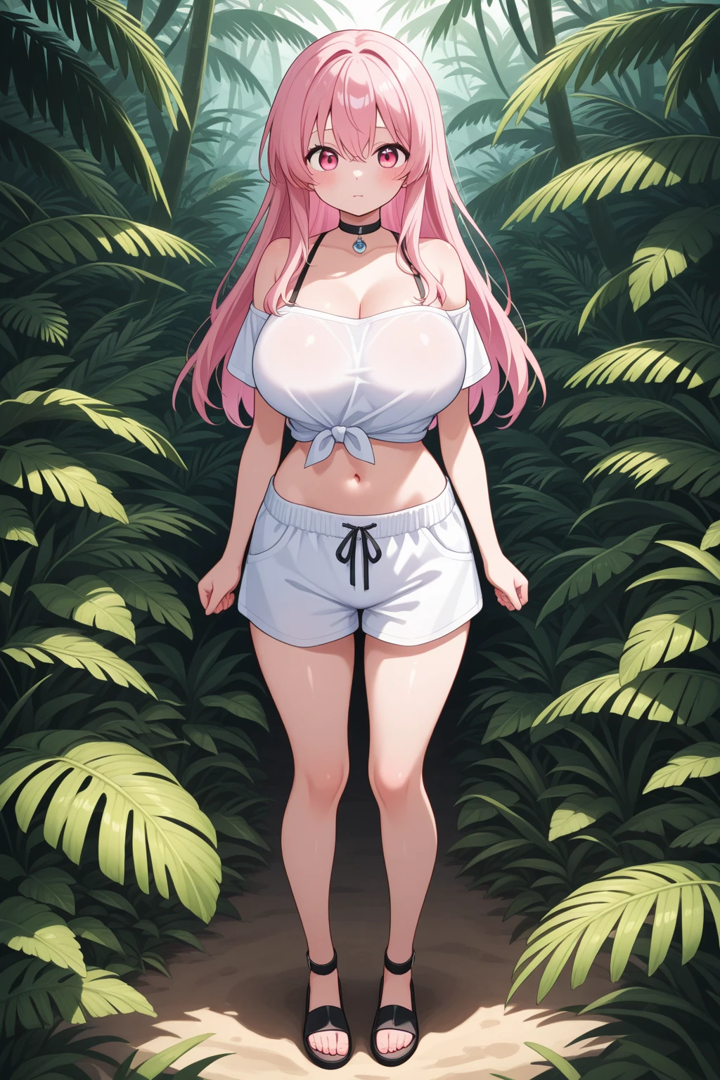 Highest quality、High resolution、masterpiece、Purple Hair、Brown eyes、Medium Hair、Wavy Hair、Black Tank Top、Big Breasts、girl with big breasts、Skin tight tank top、Black Mini Skirt、covered naval、Tight Skirt、A small smile、Are standing、(forest, Dawn, Speckled sunlight)、