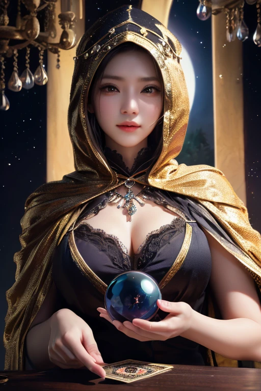 One female, Mr.々Hair style,, big ,Large Breasts,Plump,Sunburn,good,Firm, round, huge breasts,
The moment when a sorcerer is about to perform a spell at a mysterious ritual site,She wears a long robe of deep purple and black, and her overall outfit exudes dignity and grandeur.,The edges of her robe are decorated with ancient letters and symbols woven in gold and silver, symbolizing her authority and power.,A flowing silk dress is visible underneath the robe, creating a mysterious atmosphere.,Her face is covered in tattoos symbolizing spells and rituals, highlighted by a third eye design on her forehead.,The lines of the tattoo intertwine in a complex way from around her eyes to her cheeks and chin, making her presence even more striking.,Pose holds a staff in one hand, a pale blue light emitting from the tip.,His other hand is held in the air, his fingertips moving as if he is controlling an invisible power.,A magic circle is drawn at her feet, and her magical power swirls out from the center.,With her eyes closed, she has a concentrated expression on her face, as if she is communicating with an otherworldly being, and floating runes and energy particles are floating around her.,