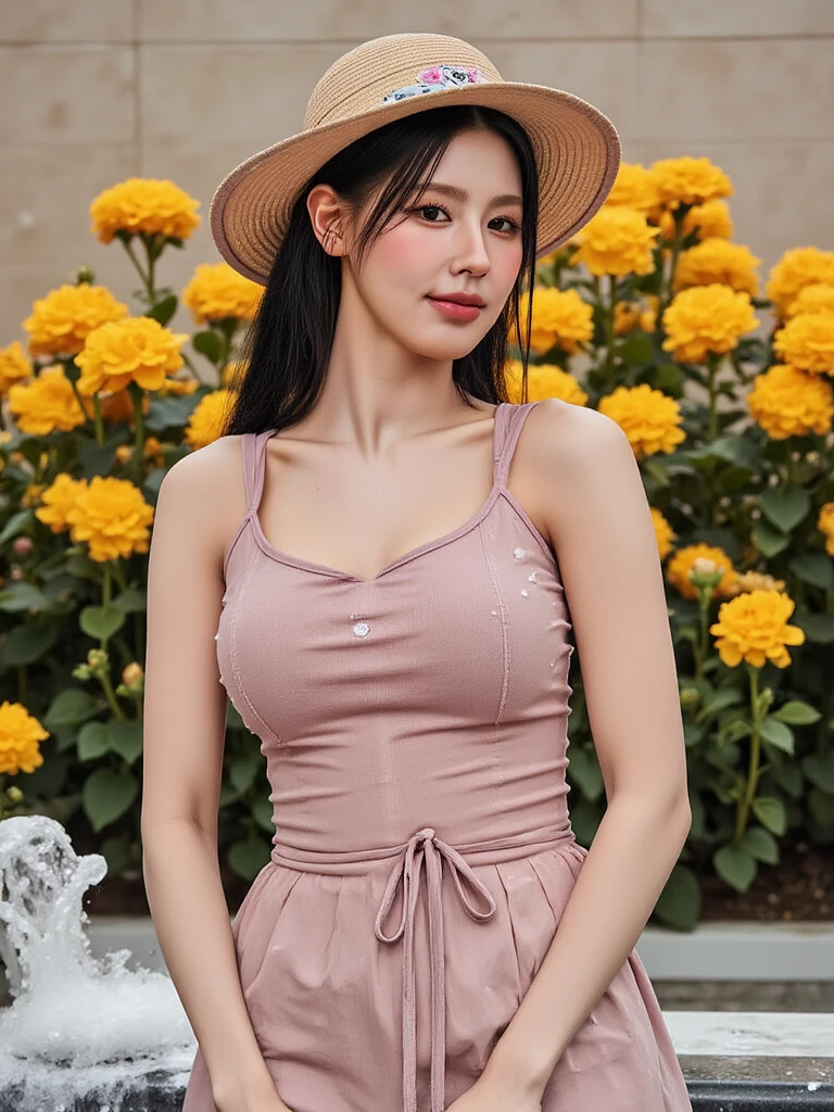 1girl, breasts, dress, pink_dress, realistic, long_hair, black_hair, solo, flower, handbag, cleavage, bag, jewelry, looking_at_viewer, earrings, sitting, rose, sandals, lips, large_breasts