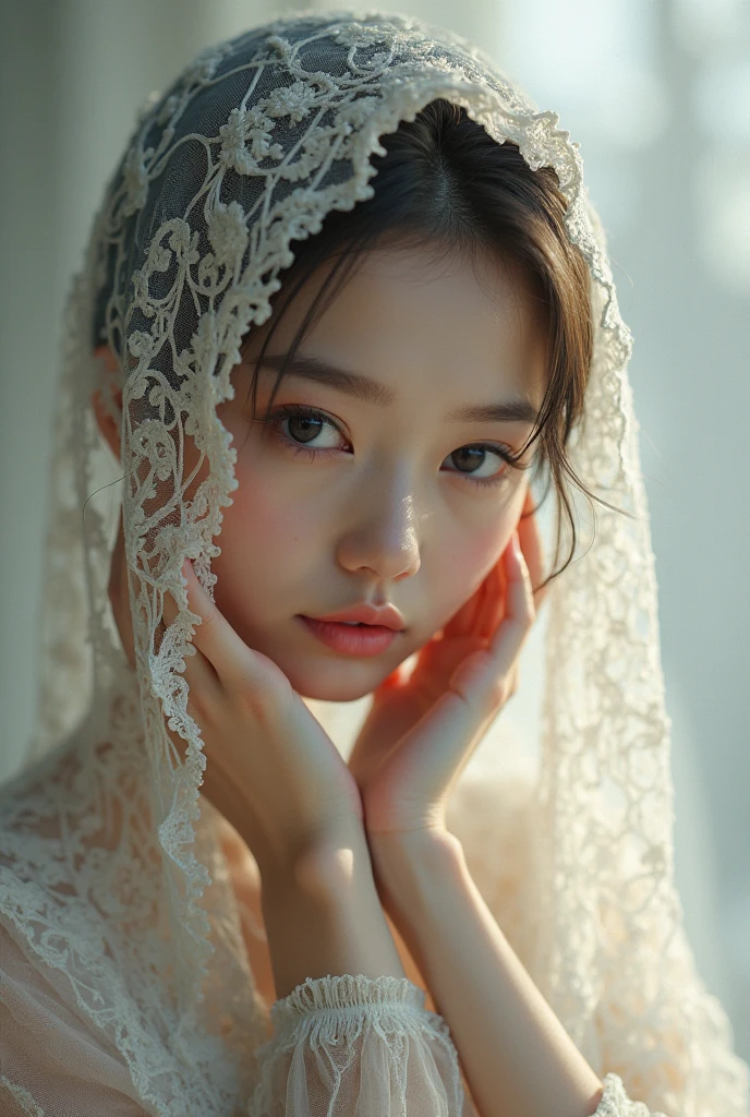 image of a {girl's face covered by tulle sheet}, detailed fabric texture, showing the weave and folds
