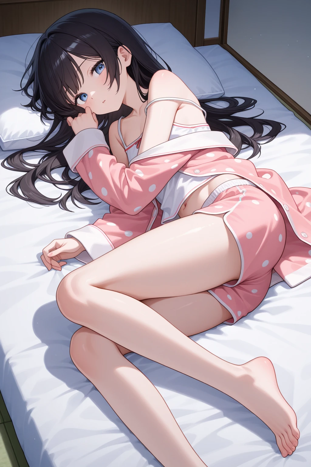 (1 girl), dark hair, bedroom bed in background, pajamas, lying on back, cute, gravure pose