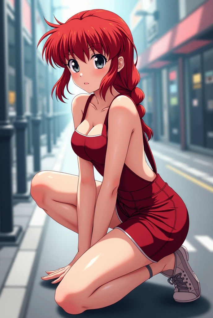 1girl, background, (ranma-chan), blush, red hair, medium breasts, tomboy, one short pigtail, nighttime, hot breath, open mouth, dimmed lighting, standing, bending over, city, big ass, wide hips, toned body, wearing slutty prostitute outfit, micro skirt, midriff, prostitute, purple eyeshadow, (detailed fingers), thong peek, no bra, 5 fingers, red light, neon light billboards, red-light district, nipple bulge, microkini top, pussy juice, (artist: loliconder), (cameltoe), close to viewer, (view from behind), grinning, (girl inviting viewer to fuck her), ass, slutty, prostitute, long eyelashes, deep cleavage, whore, prostitute, bimbo, (5 fingers and one thumb),