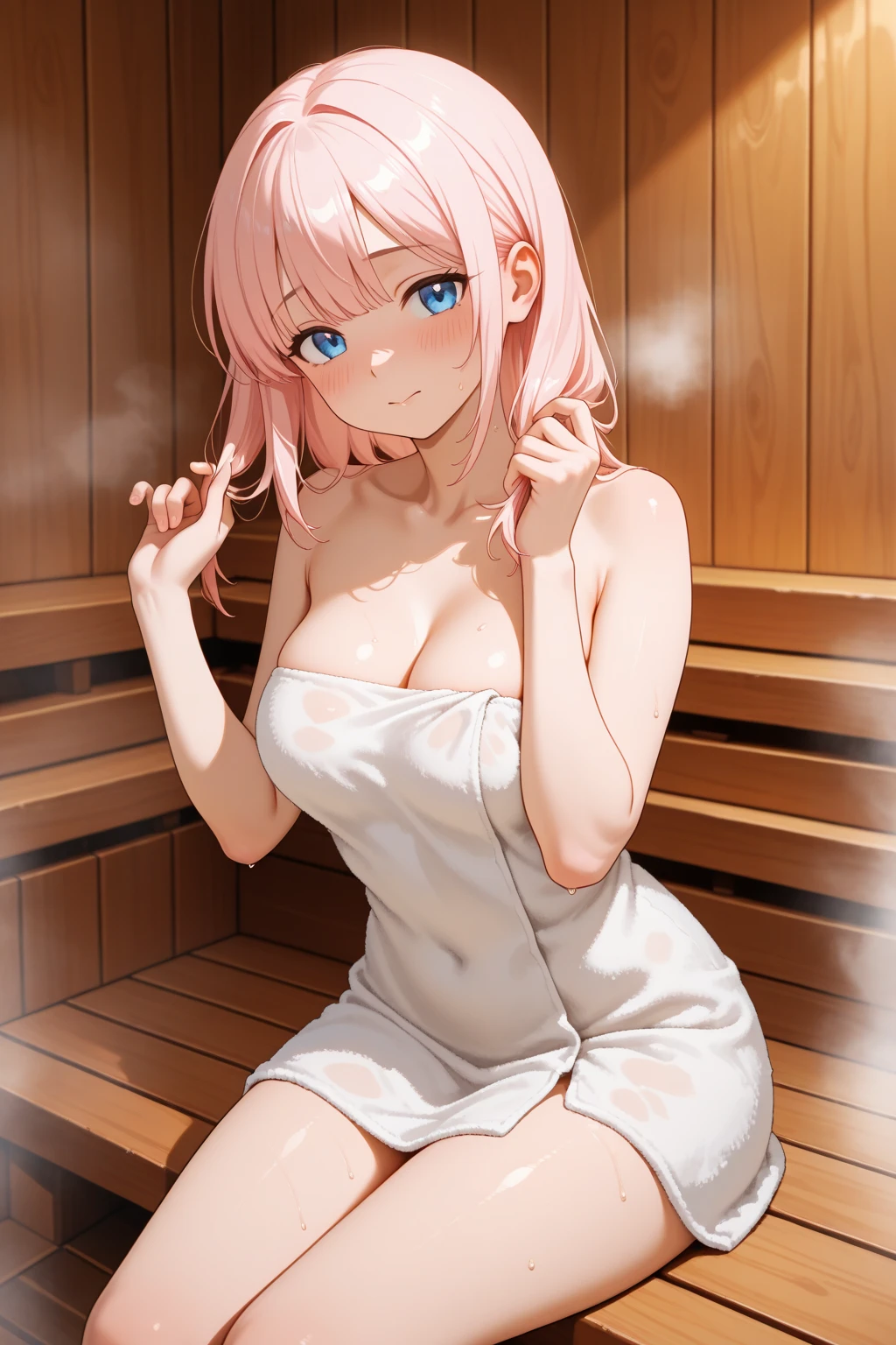 masterpiece, best quality, highres BREAK
dsshionne, pink hair, long hair, ponytail, (blue eyes:0.7), (naked towel:1.1), white towel, 1girl, solo BREAK
sitting, indoors, sauna, detailed background
<lora:dsshionne:1>