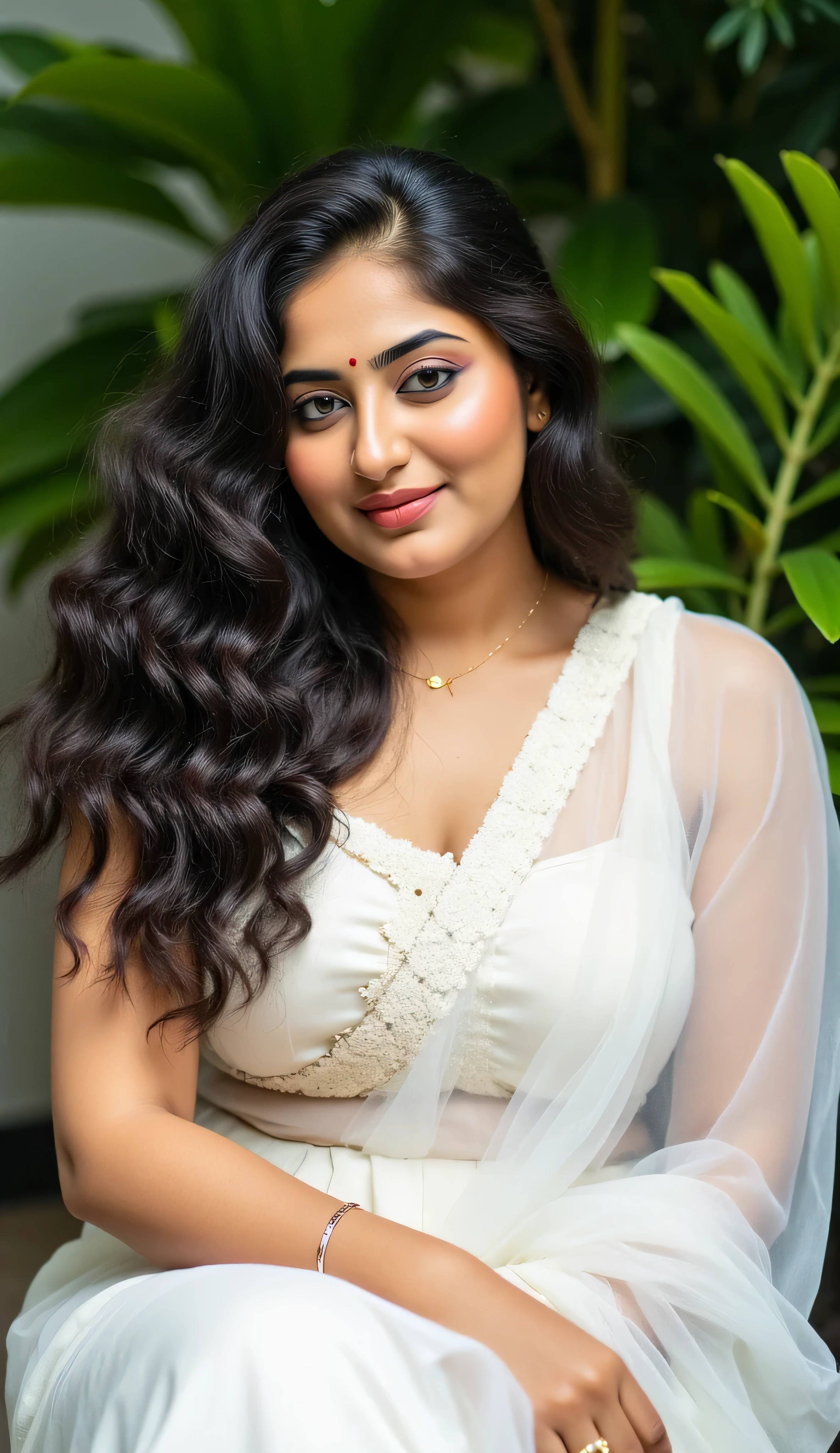 A beautiful young malayali house wife, acting as a model for environment al day photo shoot, wearing white saree and a ash silk blouse,long curly hairs, sitting and relaxing in a garden in thailand