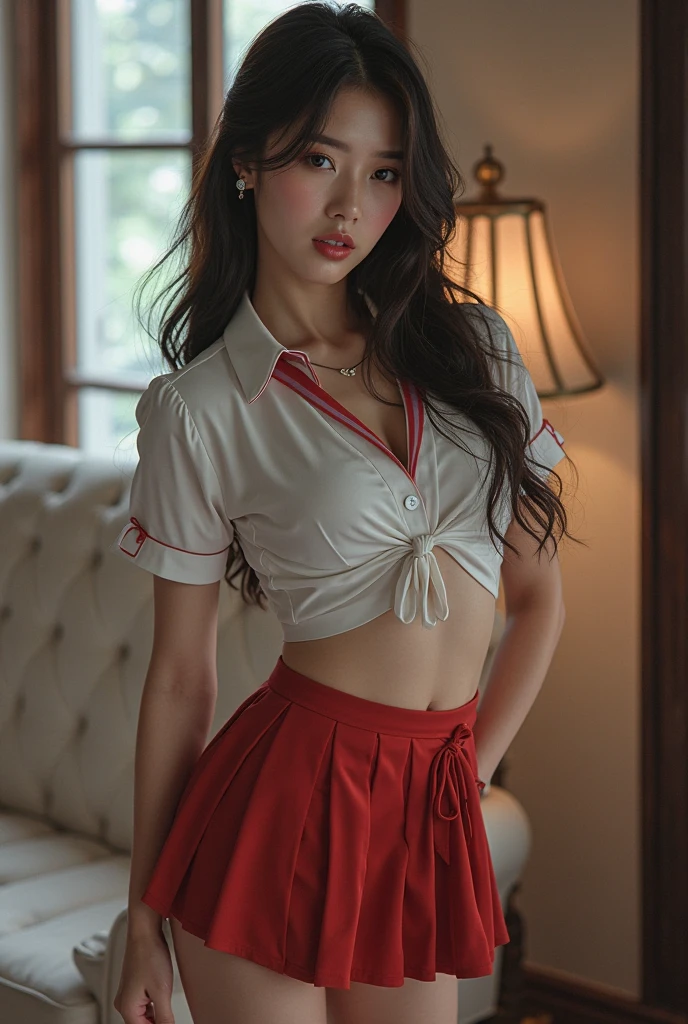 gray eyes, korean , very short summer shirt, ribbon tie, very short korean student tight skirt, wearing no bra, red hair, standing in forrest, going down school stairs, chest thrusting pose, chest showing off pose, both hands and arms behind back, 8k raw photo, high resolution, cowboy shot, cool Korean at 20 years old, very big round breasts, beautiful eyes in detail, long eyelashes, beautiful double eyelids, eye shadow, eyeliner, blush makeup, cut eyes, elongated eye shape, evil smile, evil look, beautiful very thin legs, beautiful very thin thighs, random medium hair, hair tied behind the head, earrings,