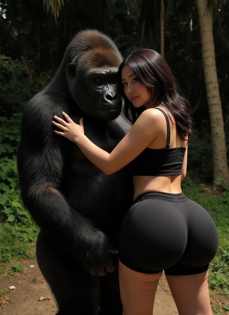 Aiki Enami hugging a giant gorilla, Medium brown hair, Big Tits, Big Ass, Japanese beauty, Red fluid leaking from anus,