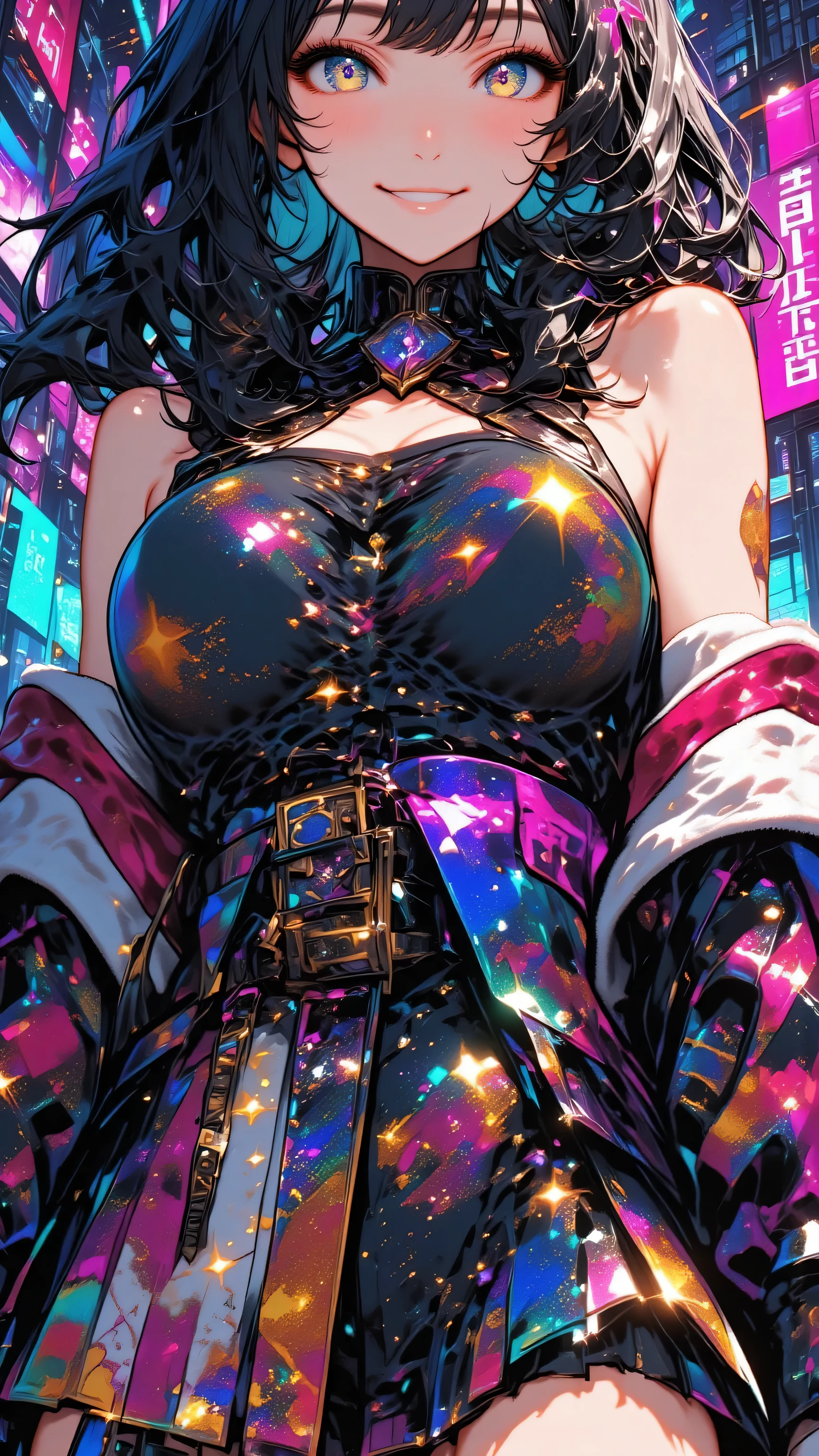 girl in a sparkly costume、 beautiful face、cute smile、  my hair\(白い   my hair,long hair,detail,shiny,is fine\),sexy low angle 、((anatomically perfectな手、anatomically perfect))watch viewers/  beautiful shining eyes///.Background\(at alley,Harajuku\(    Tokyo    ,Japan\),At night,    dark\).Quality\(8k,極めて精細なCGユニットのWallpaper, high resolution, top-Quality, top-Quality real texture skin, hyperrealistic, increase resolution,  Raw Image , best Quality, Wallpaper,The golden ratio,High Saturation Realism ,(Beautiful and sparkling) bright color, dramatic lighting,   compelling story  , 雰囲気のあるScenery,  Dynamic composition , Exquisite Details Surrounding the Earth, Strong emotions,A Dreamy World with a Kind Personality\).Scenery.bright color
