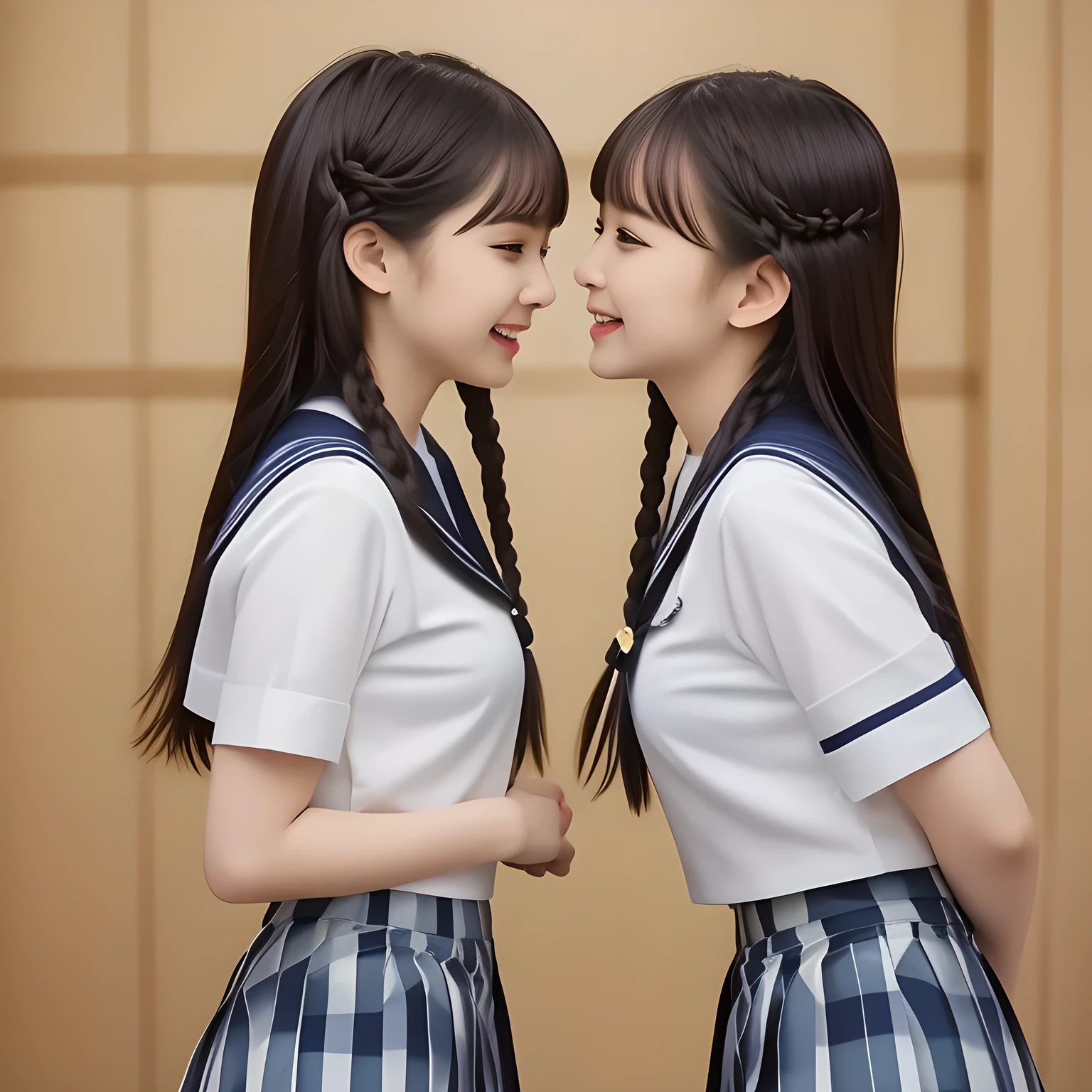 (highest quality, masterpiece, clearly detailed:1.5), highest quality, High resolution, 1080p, 8K, (Too beautiful, neatest ((beautifully grown and Evolved with grace)), Famous magazine fashion model, ((Too much beloved)) noble grown beautiful beautiful girl with detailed, 165cm height, ((svelte silhouette)), Cloistered beauty, Pristine atmosphere, controlling my mind and heart by her charm and pristine uniform and skirt, understands my deep hidden desire very well with her profound intelligence, giving too much pleasure to my sensitive one covered with beautiful hands and fingers, with detailed: 1.4), (laughing white face with unreal angelic beauty, overflowing with translucence, with detailed: 1.0), (Pristine blue uniform, (Neatest (navy colored) sailor-style uniform and ((navy middle length plaid skirt)), navy sailor collar, shiny-blue sailor scarf, with detailed: 1.8)), (Too beautiful dreamy eyes and neatness charm me), long eyelashes, (Giggling cohort background with many white lovely marks, clearly detailed foreground, zinomy, with most beautifully detailed: 1.9), ((purity and neatness of pristine uniform is very impressing): 1.8), (focus on her twin-braids hair and neat style, from side, rotated: 1.9), (Beautiful brown eyes), (shiny brown twin-braids styled hair, bangs trimmed carefully: 1.7), (((Too beautiful idols are looking the viewer, teaching my most sensitive one how to indulge in carnal bliss every day)): 1.8)