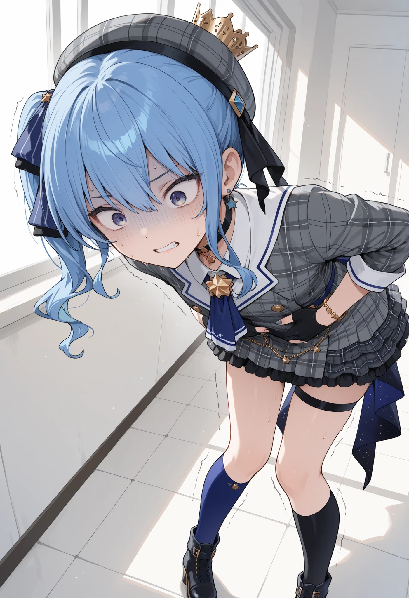 masterpiece,perfect anatomy,high resolution, ultra-detailed,beautiful detailed eyes,dutch angle,absurdres,1girl,solo,hoshimachi suisei,blue hair,side ponytail, plaid beret, crown, blue star choker, star earrings, blue ascot, grey plaid jacket, grey plaid skirt, layered skirt, partially fingerless gloves, star bracelet, uneven legwear, thigh strap,leaning forward,pigeon-toed,wide-eyed,clenched teeth,(turn pale:1.3),sweat,hands on own stomach,(trembling),
