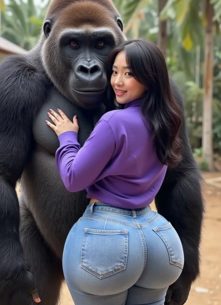 masterpiece, (photorealistic), (8k wallpaper) , (best quality), perfect quality, solo, (detailed eyes:0.9), girl, Chel, latin, face : ( very beautiful face, cute face, pleasure, seductive smile, thin face, perfect face ), figure: (very full figure, sexy, sexy pose, very thicc, curvy, very love handles, muffin top, fat thighs, thunder thighs), clothes : ( tight loincloth ), big breast, ((wide hips)), posing with gorilla, animal