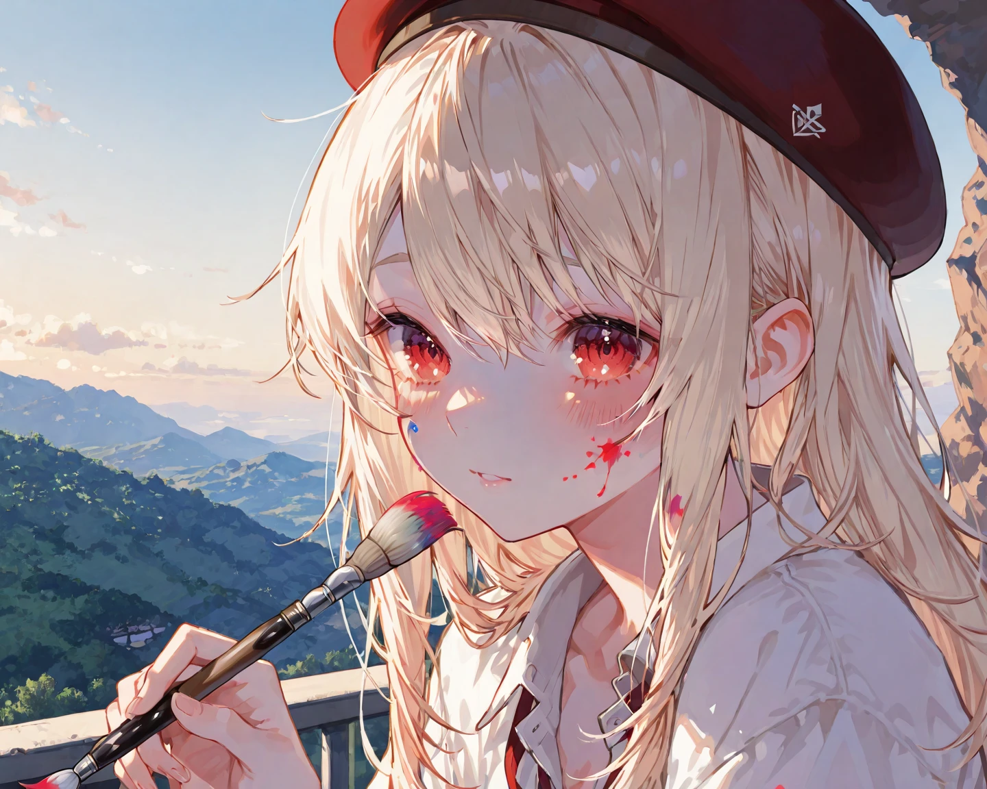 Official Art, Unity 8k Wallpapers, ultra-detailliert, Beautifully Aesthetic, ​masterpiece, top-quality, realisitic, a closeup, Skindentation, Soouryuu Asuka Langley, Interface headset, bodysuit under clothes, A detailed eye, A detailed face, Detailed hair, black backgrounds, straight-on, looking at the viewers, The sheen, Anime, looking at viewer with a cigarette in her mouth, highly detailed with reflections transparent iridescent opaque jacket, Long transparent iridescent RGB hair, 1girl in, Solo, fronds, School uniform, serafuku, Long hair, red neckerchief, Blurry, Sailor collar, neckerchief, Blonde hair, Shirt, Autumn leaves, Parted lips, Outdoors, Floating hair, Long sleeves, White shirt, Bangs, Upper body, red necktie, Open mouth, neck tie, tusk, Brown eyes, Wind, Autumn, Maple leaf, Falling leaves, Blurry background, day, ginkgo leaf, depth of fields, bug,