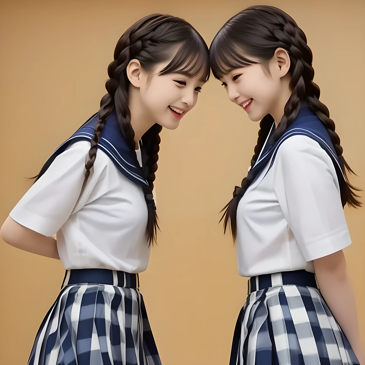 (highest quality, masterpiece, clearly detailed:1.5), highest quality, High resolution, 1080p, 8K, (Too beautiful, neatest ((beautifully grown and Evolved with grace)), Famous magazine fashion model, ((Too much beloved)) noble grown beautiful beautiful girl with detailed, 165cm height, ((svelte silhouette)), Cloistered beauty, Pristine atmosphere, controlling my mind and heart by her charm and pristine uniform and skirt, understands my deep hidden desire very well with her profound intelligence, giving too much pleasure to my sensitive one covered with beautiful hands and fingers, with detailed: 1.4), (laughing white face with unreal angelic beauty, overflowing with translucence, with detailed: 1.0), (Pristine blue uniform, (Neatest (navy colored) sailor-style uniform and ((navy middle length plaid skirt)), navy sailor collar, shiny-blue sailor scarf, with detailed: 1.8)), (Too beautiful dreamy eyes and neatness charm me), long eyelashes, (Giggling cohort background with many white lovely marks, clearly detailed foreground, zinomy, with most beautifully detailed: 1.9), ((purity and neatness of pristine uniform is very impressing): 1.8), (focus on her twin-braids hair and neat style, from side, rotated: 1.9), (Beautiful brown eyes), (shiny brown twin-braids styled hair, bangs trimmed carefully: 1.7), (((Too beautiful idols are looking the viewer, teaching my most sensitive one how to indulge in carnal bliss every day)): 1.8)