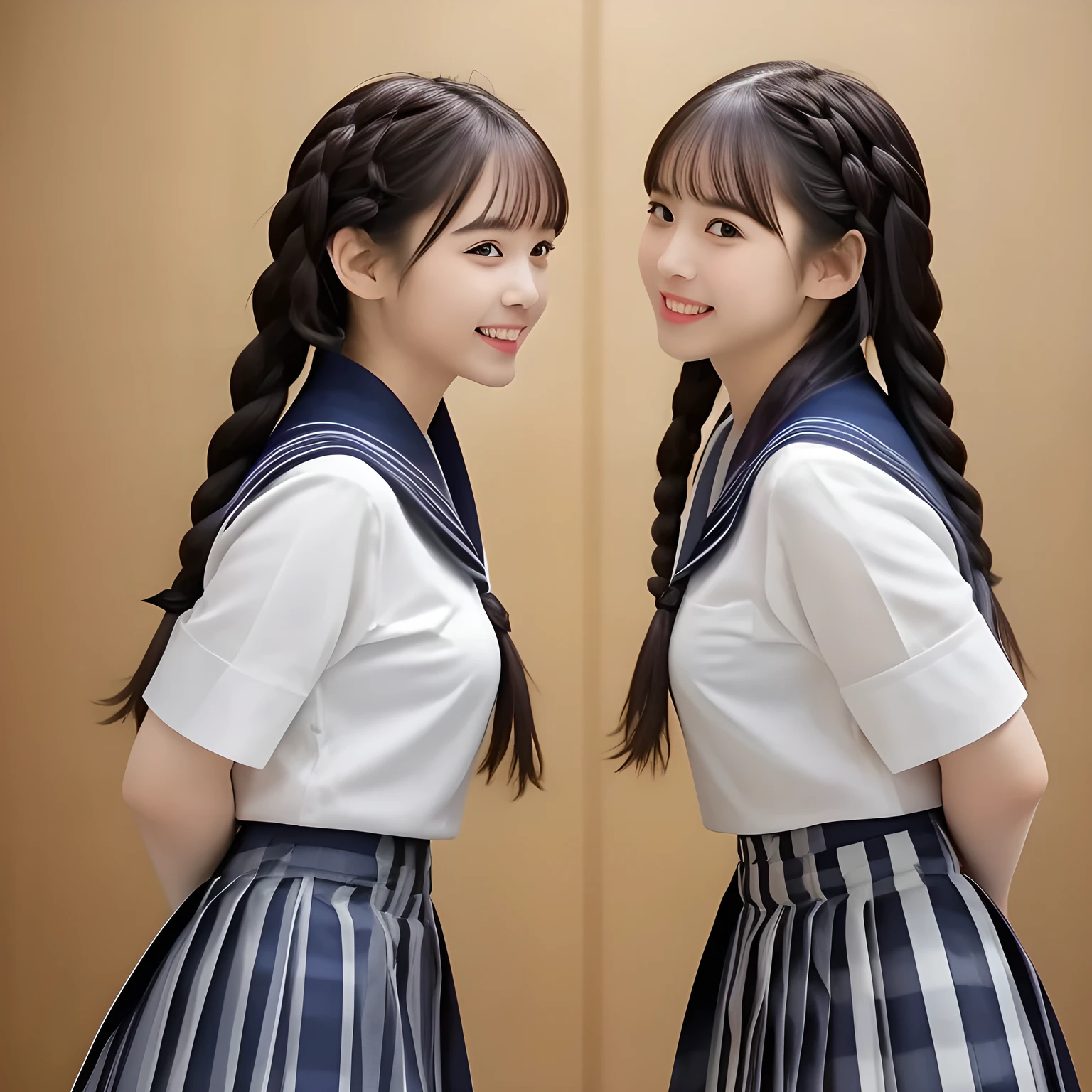 (highest quality, masterpiece, clearly detailed:1.5), highest quality, High resolution, 1080p, 8K, (Too beautiful, neatest ((beautifully grown and Evolved with grace)), Famous magazine fashion model, ((Too much beloved)) noble grown beautiful beautiful girl with detailed, 165cm height, ((svelte silhouette)), Cloistered beauty, Pristine atmosphere, controlling my mind and heart by her charm and pristine uniform and skirt, understands my deep hidden desire very well with her profound intelligence, giving too much pleasure to my sensitive one covered with beautiful hands and fingers, with detailed: 1.4), (laughing white face with unreal angelic beauty, overflowing with translucence, with detailed: 1.0), (Pristine blue uniform, (Neatest (navy colored) sailor-style uniform and ((navy middle length plaid skirt)), navy sailor collar, shiny-blue sailor scarf, with detailed: 1.8)), (Too beautiful dreamy eyes and neatness charm me), long eyelashes, (Giggling cohort background with many white lovely marks, clearly detailed foreground, zinomy, with most beautifully detailed: 1.9), ((purity and neatness of pristine uniform is very impressing): 1.8), (focus on her twin-braids hair and neat style, from side, rotated: 1.9), (Beautiful brown eyes), (shiny brown twin-braids styled hair, bangs trimmed carefully: 1.7), (((Too beautiful idols are looking the viewer, teaching my most sensitive one how to indulge in carnal bliss every day)): 1.8)