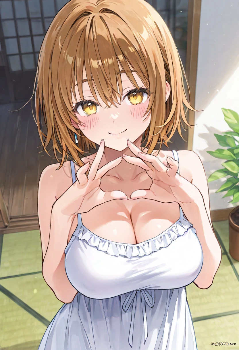 (masterpiece),(Highest quality),(Super detailed),(Best illustrations),(Best Shadow),(Absurd),(Detailed Background),(so beautiful),One girl、 mano sakuragi, Brown eyes, Brown Hair,String swimsuit、classroom、grabbing own breasts、flustered