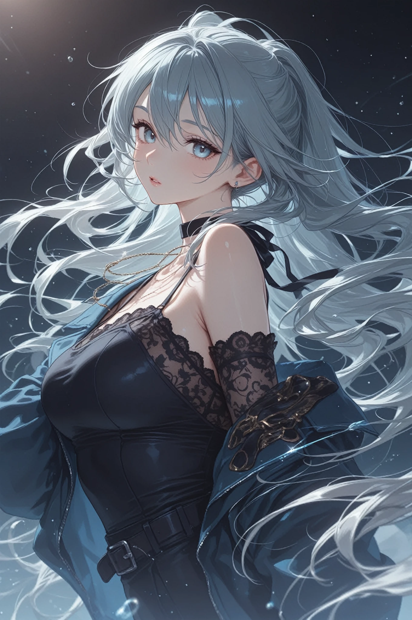 (What can we compare the heart to), (A sadness that feels like it's dancing in the sky), (solo:2, 26 yo), (beautiful detailed forehead) (beautiful blue hair very long hair sexy woman) (sexy detailed blue eyes with tears) (troubled face) (glossy lip), (big tits), (in a elegant beautiful black yukata), break, (in dancing in the sky above world), background A world where no one is left), BREAK, 16k, masterpiece, best quality, immensely detailed beautiful lonry.