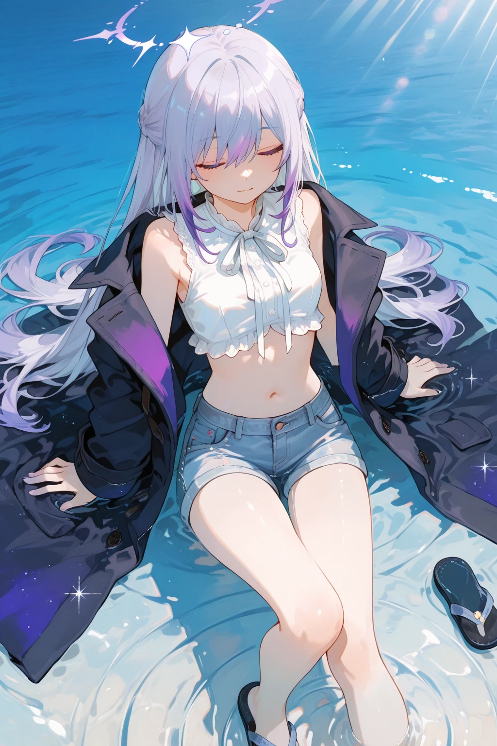 ((黒のwhole bodyタイツ)),
(masterpiece,Highest quality),1 ,whole body,(Light purple hair),Short Hair,Large Breasts,Curly Hair, Confused eyes,
White open jacket,White swimsuit,Night Summer,