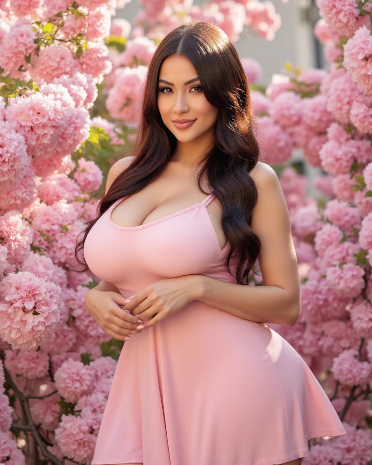 (((8k RAW photo, hyper realistic, masterpiece, best quality, crisp detail, high definition, high detail, very rich detail, sharp focus, sharp detail, colorful, rich color, cinematic, perfect studio lightning, full body photograph))) woman in a red dress posing for a picture, beautiful garden with roses on background, very large bosum, really large bosum, in short red or violet dresses, big breasts, huge breasts, Cleavage, sexy dress sexy pose, smily face, smile on face, sfw huge breasts, big breasts!!, dayanita singh, wearing pink floral gown, low cut dress, pink dress, large bosum, attractive feminine curves, huge flower