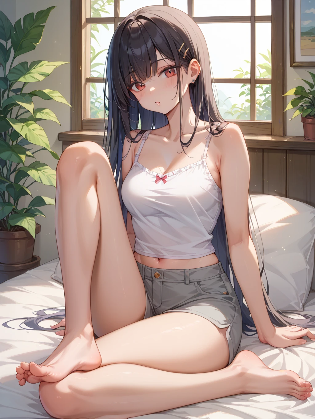 1Girl, solo, dark hair, long hair, in underwear, (background is bedroom bed), lying down, (raising one leg: 1.0), beautiful big tits: 1.0, embarrassed face, blushing, pretty girl, skin wet with sweat, sunset, high quality, high res, detailed, masterpiece