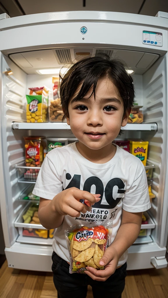 Write a prompt about a boy who, after a joyous playtime, excitedly opens the fridge for a refreshing drink. Despite finding it nothing. Fridge has nothing , he remains surprisingly happy.