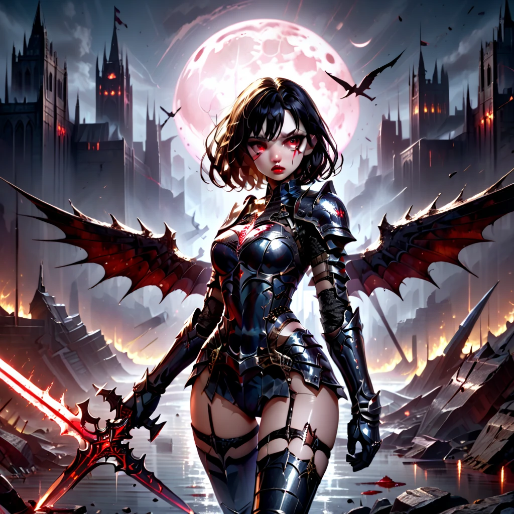 (High Detail:1.2) Anime Girl, (Best quality, Detailed), (dark and angry, graveleux:1.3, sombre:1.2), 1girl, (solo), ILLIDAN, World of Warcraft, (Demonic wings, cornes pointues:1.3, dark black skin), two blades of Azzinoth, bob hair, black hair, yellow eyes, sinistre, regard intense, background dark, Volumetric light, hyper realistic, super detailed, Dynamic pose
