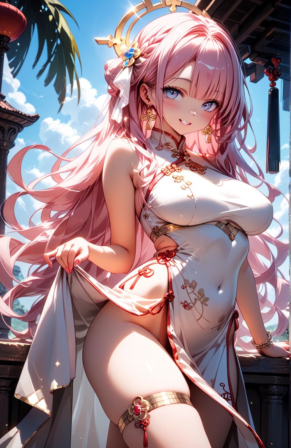 a 20 age chubby girl, no nsfw, your face has strong pink makeup, wearing a whitegolden wedding long qipao, whitegolden eyes, beautiful detailed eyes, suggestive pose, evil smile, very long hair, lightred hair, long ponytail hair, light and transparent veil filling with charm and seduction, stunning beautiful artwork, maximalist, by artgerm, 8k anime artwork, 8k photo, trending on artstation. looking at the viewer, masterpiece, best quality