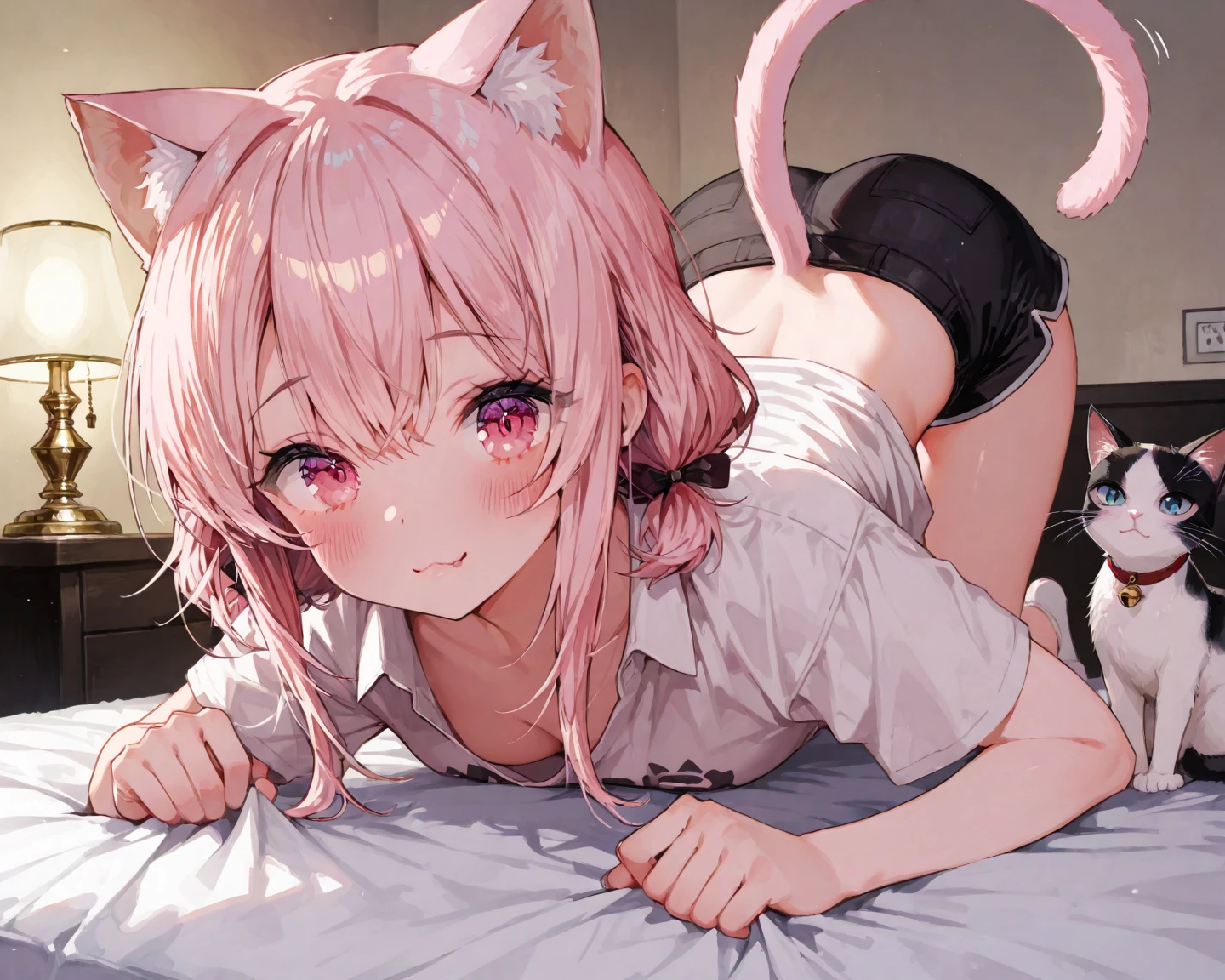 1girl in, Best Quality, on back, Spread legs, Smile, medium breasts⁩, small hip, pale skin, vaginal, Pubic hair, underboob, Slim body, small face, short bob, pink hair, 13 years old, very short pleated miniskirt, zettai ryouiki, arms up, very short length shirts with open chest, pussy juice stain, topless, cat ears, cat tail