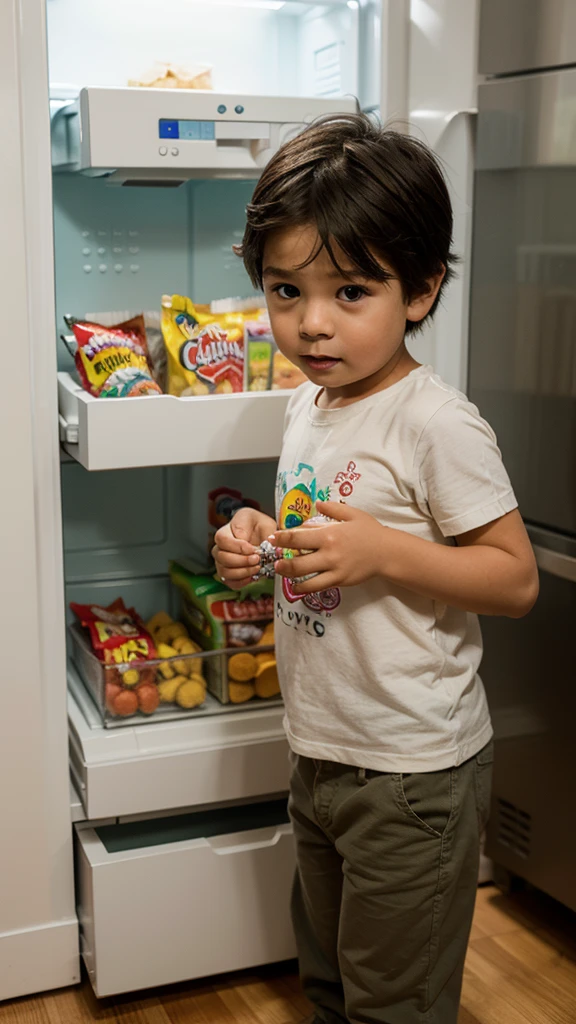 Little dark-haired boy stealing food in a shopping center