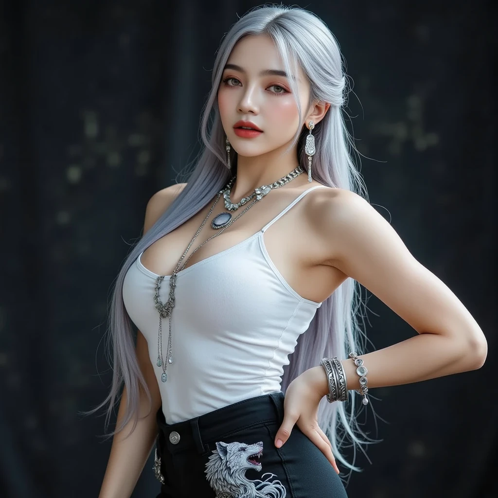 (8K,Photorealistic　RAW Photos　Highest quality;1.4) 1woman) 美しいSilver Hairの女神　(A vivid face)　(Tabletop, Highest quality, Photorealisticです, High resolution, :1.3), closeショット, Sharp focus, 1 カールしたSilver Hairのwoman, ヨーロッパ系woman, Hot Model, abdomen, Very detailed eyes with golden pupils, Realistic skin, Slim figure, Perfect body, Big breasts have cleavage, Very Fine Hair, Delicate and sexy face, sensory gas, Glossy Lips, ((She is wearing a beautiful black and gold dress and black and gold pants,Wear a pendant)), Outdoor, ((Realistic, 超Realistic, realism, Realistic詳細))　Beautiful expression　charm　(Realistic Skin)　超High resolution　超Realistic　Advanced Details　grassland, Flowers and beautiful mountains in the distance々々々々　Purple Earrings　Split Avemar Paladin　woman,超Realisticな肌,smile,close,Top view,Rich colors, Backlight, Cinema Lighting, Film Grain, 50mm lens, Nikon D850,超High resolution,Ultra-realistic,Compensate,Super sexy,Silver Hair,