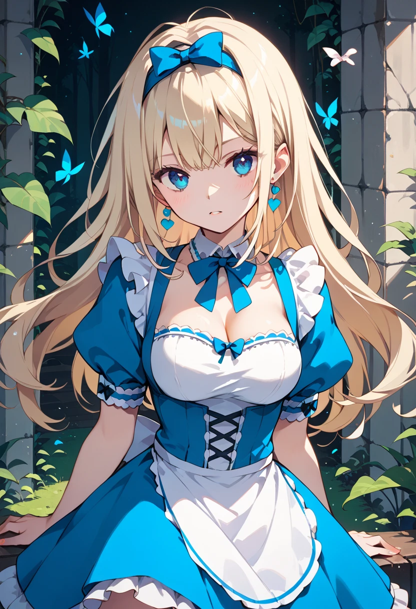 a beautiful 20 year old blonde woman with big messy hair in a blue dress, white stockings, black headband, cleavage, holding a glowing mushroom, fantasy art style, rossdraws cartoon vibrant, alice x. zhang, alice in wonderland cyberpunk, cute detailed digital art, colorfull digital fantasy art, digital fantasy art ), glossy digital painting, rossdraws pastel vibrant, rossdraws 2. 5, rossdraws 1. 0