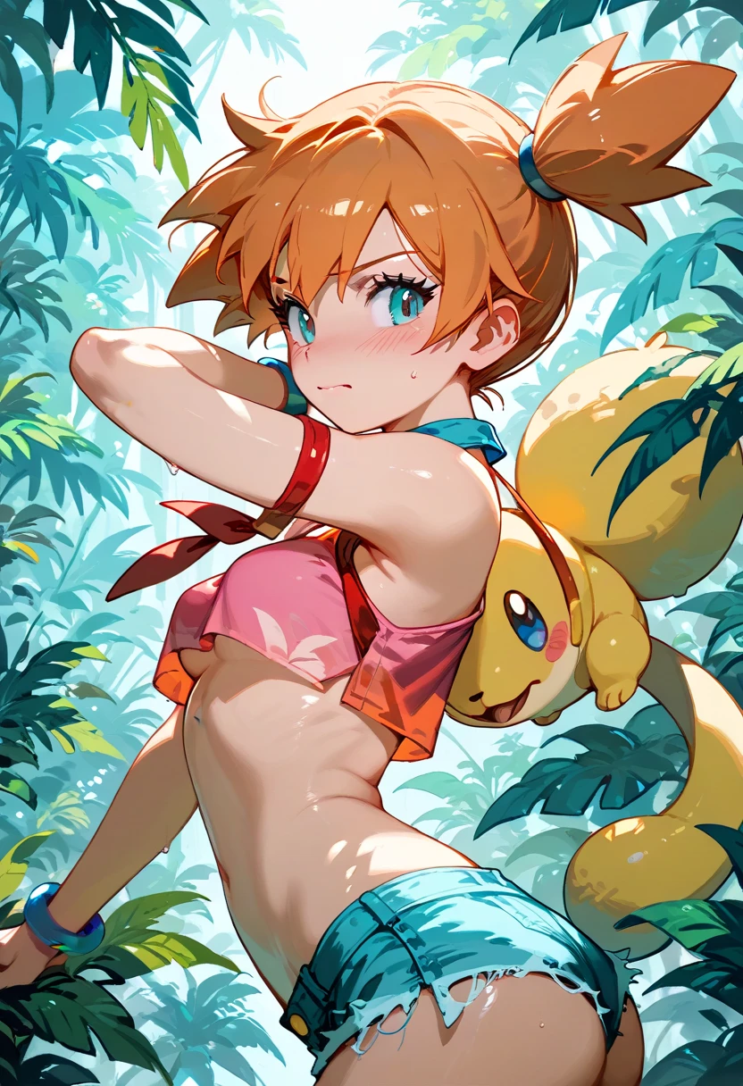 ((best quality)), ((highly detailed)), masterpiece, ((official art)), (detailed eyes, deep eyes), (1girl:1.33, solo), full body, <lora:mistyPokemon_v2:.5>, misty_(pokemon), orange hair, side ponytail, short hair, blue eyes, poke ball, ((highleg swimsuit, cameltoe))