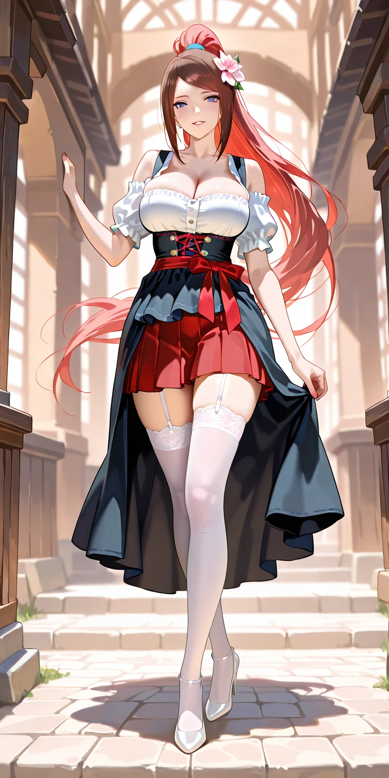(masterpiece:1.3), (absurdres:1.3), (best quality:1.3), (ultra-detailed:1.3), full body, looking at viewer, smile, outdoors, (waving:1.2), tania-fi, dragon horns, dragon tail, <lora:tania-fi-09:1>, bare shoulders, white shirt, detached sleeves, choker, dress, red skirt, black legwear, shoes,