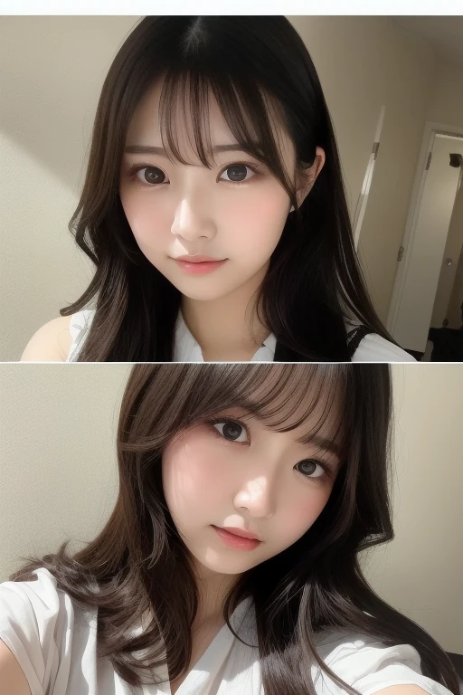 Tabletop, Highest quality, shape, Very detailed, finely, High resolution, 16K, Perfect dynamic composition, Straight hair, Medium Hair, Brown Hair,Natural color lip, smile, 20歳のgirl、cute、beautiful、完璧でbeautiful顔, beautiful and detailed face, Slim face and body, Elegant face, KPOP idol faces、Japanese idol faces、Small face、Big eyes, Brown eyes, Droopy eyes, 緻密でbeautiful目, girl, Front face, Upper Body, Random outfit