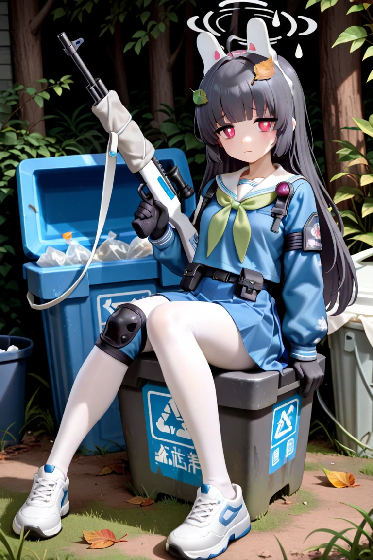 masterpiece, best quality,   <lora:KasumizawaMiyu:1>,miyu (blue archive), 1girl, weapon, solo, gun, white pantyhose, pantyhose, leaf on head, black hair, long hair, rifle, leaf, red eyes, in container, school uniform, shoes, gloves, halo, serafuku, black gloves, torn clothes, bolt action, looking at viewer, bangs, green neckerchief, trash can, white background, white footwear, knee pads, sneakers, sailor collar, holding weapon, dirty clothes, holding, blue shirt, sniper rifle, white sailor collar, shirt, long sleeves, sitting, holding gun, dirty, flying sweatdrops, animal ears, blunt bangs, blue serafuku, torn pantyhose, binoculars, full body, rabbit ears, simple background, neckerchief, skirt, fake animal ears, scope, ahoge, bright pupils, white pupils, knees up, blush, parted lips