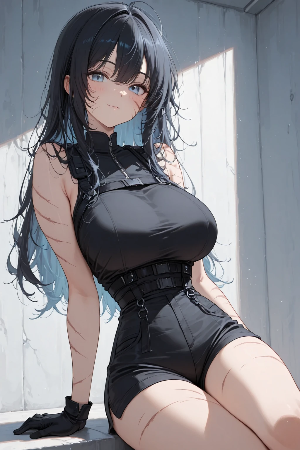 high quality, anime style, 1 woman, solo, mature woman, long black hair with blue highlights, light makeup, casual outfit, green eyes, huge breasts, huge fat ass, very thick thighs