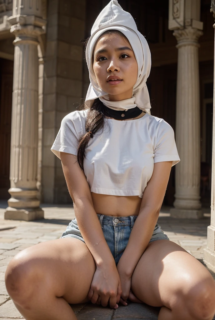 Young sweet beautiful Indonesian girl, 22 years old, slim body, bright beautiful eyes, georgeus face, wearing white thin hijab that covering all her hairs and ears, wearing long sleeve unbuttoned blue denim jacket,  no underwear, no bra, no panty, half naked, very realistic, very detail, no cartoon, all fingers have normal shape,  siting down open very wide legs that tied on a steel chair in a center of empty room, both hands tied backwards using ropes,  head raising upwards, as being having sex from behind face, being having hard sex, as some thing big and long thing inserted into her anus for very first time , mouth open very wide saying aaackkhh, sweat on all her skin and hairs, dense  hairs on her red dark vagina are visible, peeing and scattered, enjoying unconscious having hardcore  eyes, semi nude, there are no mercy,