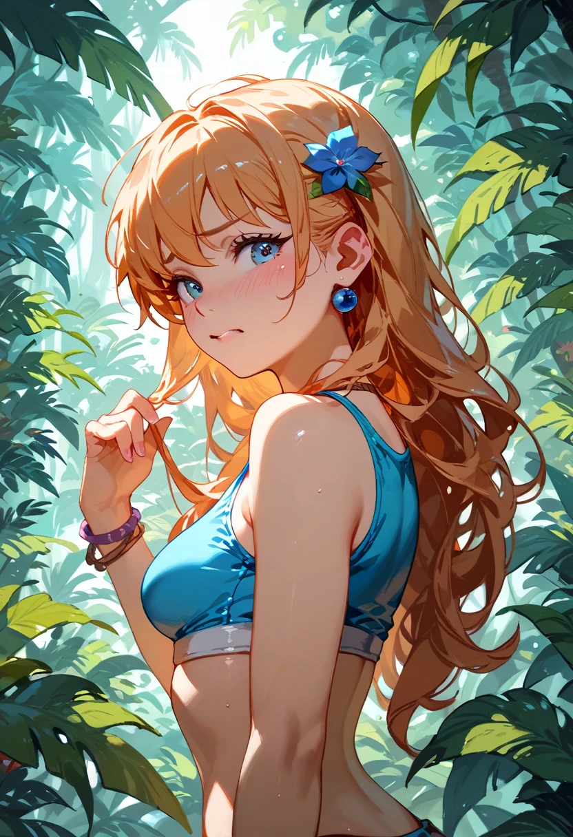 Tropical Dream Bud,Tropical Dream Bud sss Dynazenon ,Brown Hair,Long Hair,Green Eyes,smile,blush,Hibiscus hair accessory,Blue bikini swimsuit,barefoot,Oversized T-shirt,break outdoors, Beach,
break looking at viewer,whole body, (Cowboy Shot:1.5),
break (masterpiece:1.2), Highest quality, High resolution, unity 8k wallpaper, (figure:0.8), (Beautiful fine details:1.6), Highly detailed face, Perfect lighting, Highly detailed CG, (Perfect hands, Perfect Anatomy),