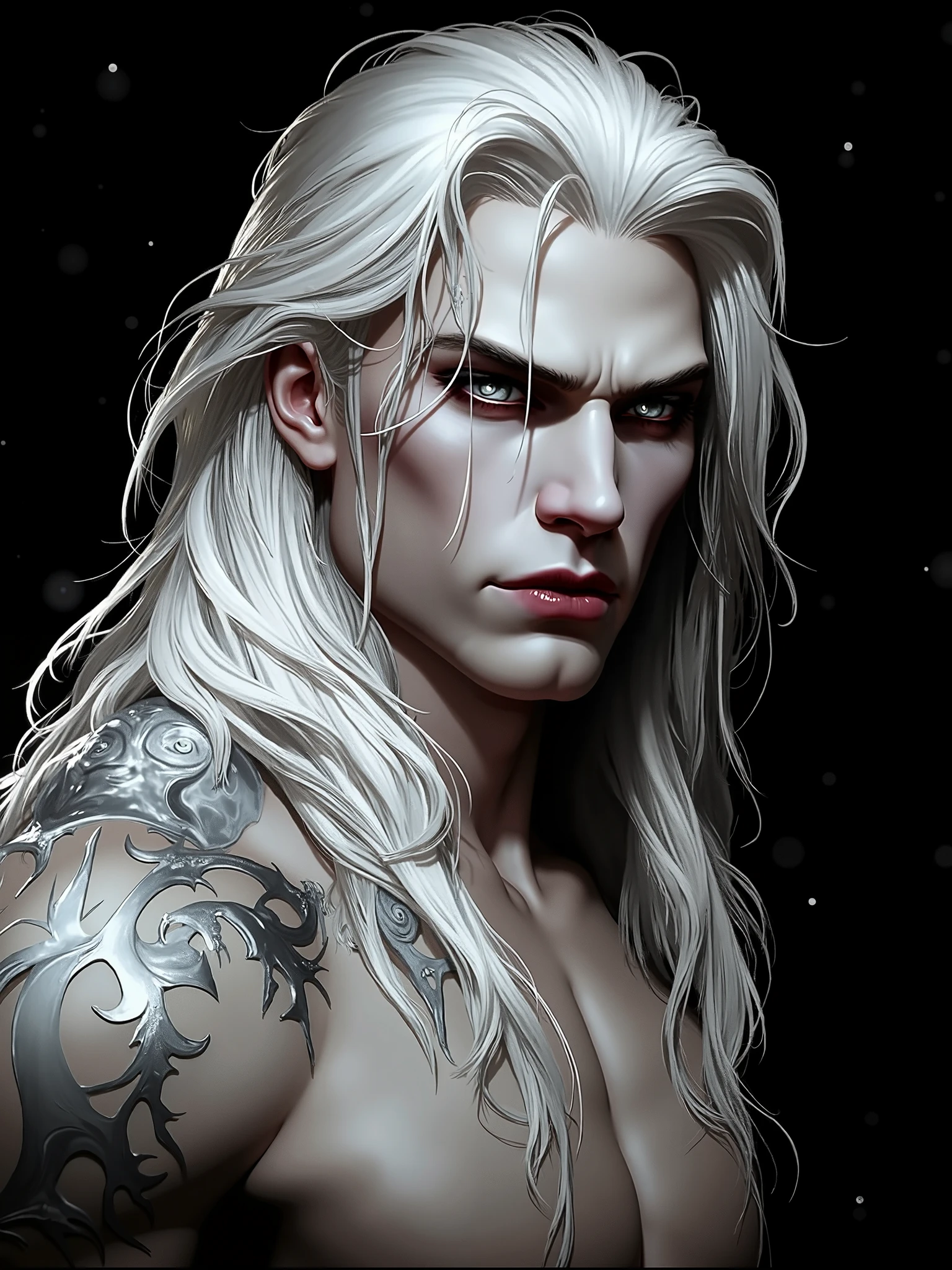 masterpiece, highest quality, (solo focus), (perfect face:1.1), (high detail:1.1),dramatic, 1guy, (pale skin), long white hair, white eyes, [light eyebrows], solo, long hair, moon, night, black thong, bulge, pouty lips, detailed background, art by artgerm and greg rutkowski, cinematic lighting, roses, fashion, BalenciagaStyle, black roses
