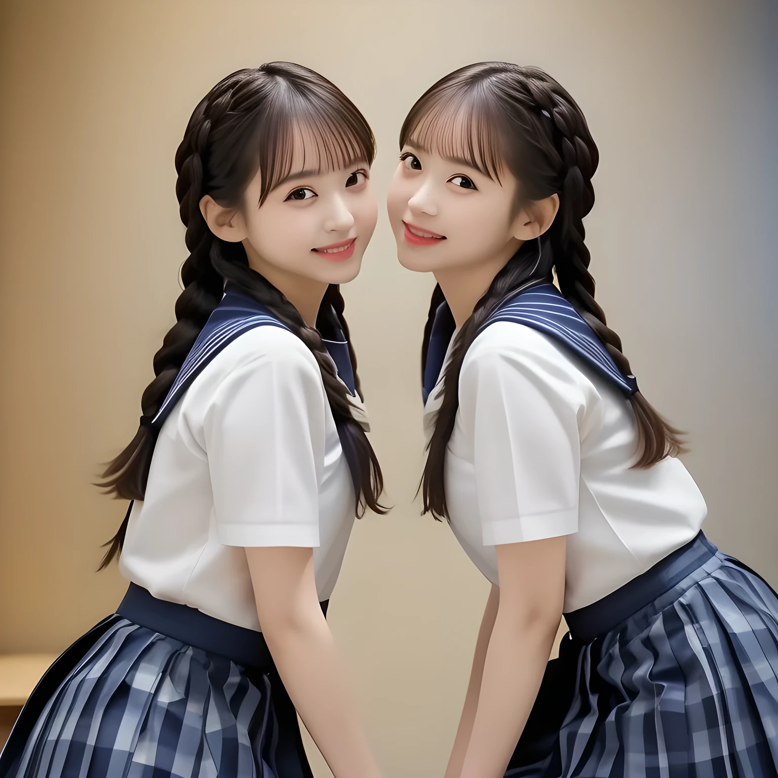 (highest quality, masterpiece, clearly detailed:1.5), highest quality, High resolution, 1080p, 8K, (Too beautiful, neatest ((beautifully grown and Evolved with grace)), Famous magazine fashion model, ((Too much beloved)) noble grown beautiful beautiful girl with detailed, 165cm height, ((svelte silhouette)), Cloistered beauty, Pristine atmosphere, controlling my mind and heart by her charm and pristine uniform and skirt, understands my deep hidden desire very well with her profound intelligence, giving too much pleasure to my sensitive one covered with beautiful hands and fingers, with detailed: 1.4), (laughing white face with unreal angelic beauty, overflowing with translucence, with detailed: 1.3), (Pristine blue uniform, (Neatest (navy colored) sailor-style uniform and ((navy middle length plaid skirt)), navy sailor collar, shiny-blue sailor scarf, with detailed: 1.8)), (Too beautiful dreamy eyes and neatness charm me), long eyelashes, (Giggling cohort background with many white lovely marks, clearly detailed foreground, zinomy, with most beautifully detailed: 1.9), ((purity and neatness of pristine uniform is very impressing): 1.8), (focus on her twin-braids hair and neat style, from side, rotated: 1.9), (Beautiful brown eyes), (shiny brown twin-braids styled hair, bangs trimmed carefully: 1.7), (((Too beautiful idols are looking the viewer, teaching my most sensitive one how to indulge in carnal bliss every day)): 1.8)