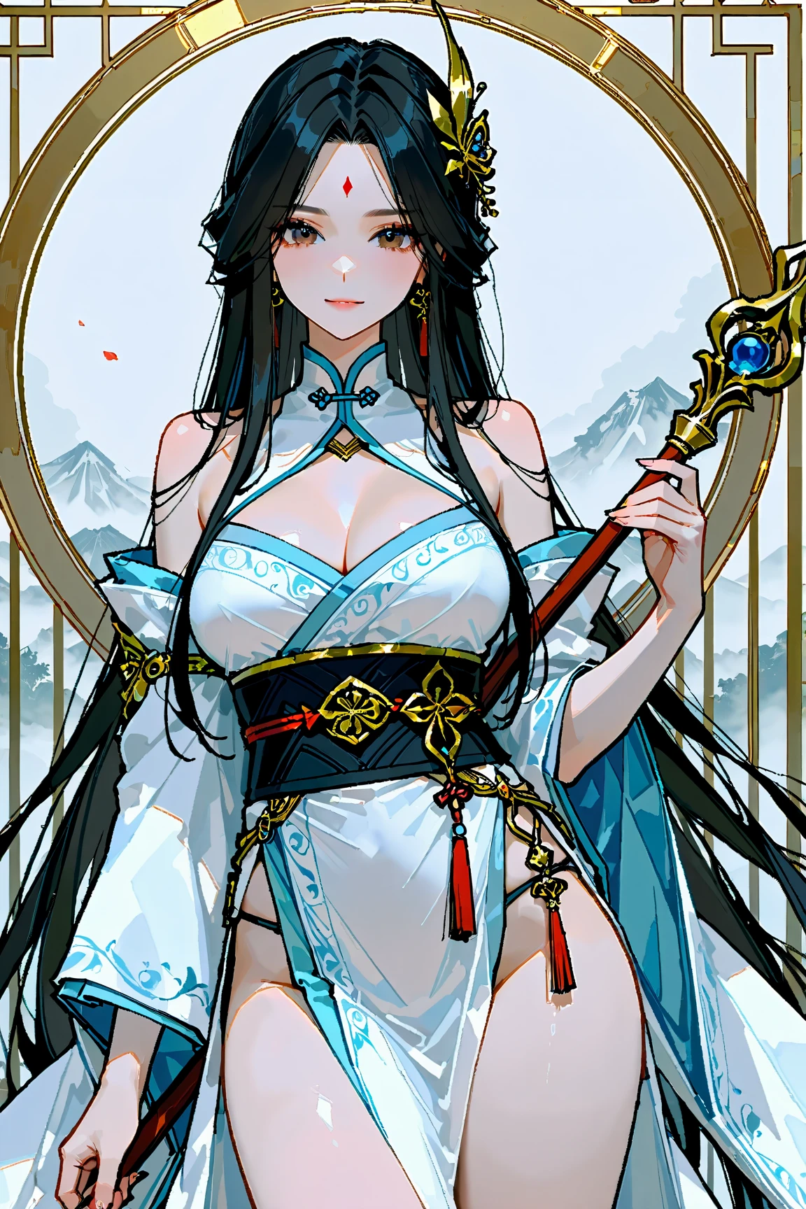 (Anthropomorphism of Chinese mythical beasts,Beautiful girl in colorful clothes),Full body standing painting,Wide sleeves,watery big eyes,Beautiful face and smooth fair skin,s delicate face,cabelos preto e longos,An ancient Chinese beauty,wearing ancient Chinese costume,gossamer,Colorful,Vivid and bright colors,Vibrant digital illustration,(clean backdrop),Ink painting style,Clean colors,Decisive cut,A white space,tmasterpiece, Ultra-delicate,Epic composition,high high quality,HighestQuali,4K