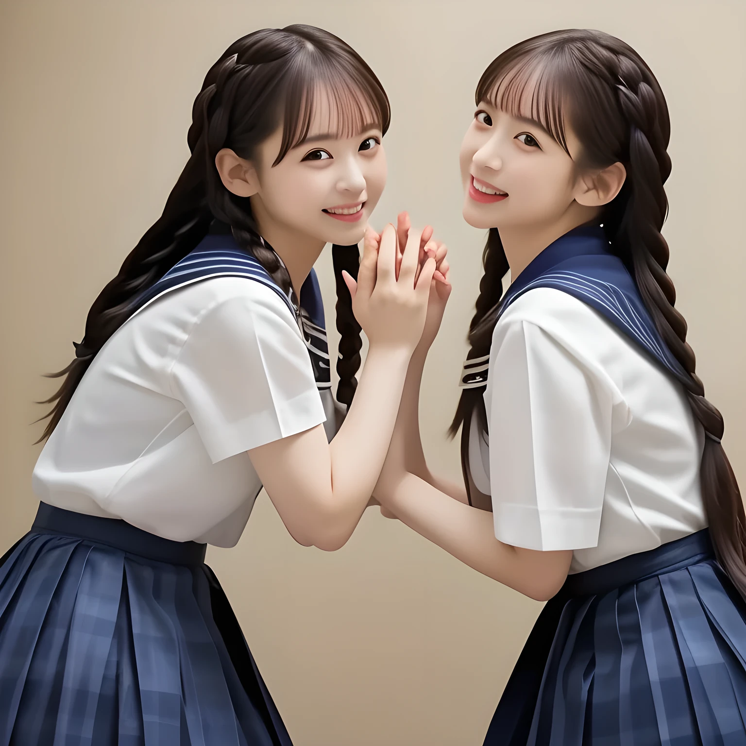 (highest quality, masterpiece, clearly detailed:1.5), highest quality, High resolution, 1080p, 8K, (Too beautiful, neatest ((beautifully grown and Evolved with grace)), Famous magazine fashion model, ((Too much beloved)) noble grown beautiful beautiful girl with detailed, 165cm height, ((svelte silhouette)), Cloistered beauty, Pristine atmosphere, controlling my mind and heart by her charm and pristine uniform and skirt, understands my deep hidden desire very well with her profound intelligence, giving too much pleasure to my sensitive one covered with beautiful hands and fingers, with detailed: 1.4), (laughing white face with unreal angelic beauty, overflowing with translucence, with detailed: 1.8), (Pristine blue uniform, (Neatest (navy colored) sailor-style uniform and ((navy middle length plaid skirt)), navy sailor collar, shiny-blue sailor scarf, with detailed: 1.8)), (Too beautiful dreamy eyes and neatness charm me), long eyelashes, (Giggling cohort background with many white lovely marks, clearly detailed foreground, zinomy, with most beautifully detailed: 1.9), ((purity and neatness of pristine uniform is very impressing): 1.8), (focus on her twin-braids hair and neat style, from side, rotated: 1.9), (Beautiful brown eyes), (shiny brown twin-braids styled hair, bangs trimmed carefully: 1.7), (((Too beautiful idols are looking the viewer, teaching my most sensitive one how to indulge in carnal bliss every day)): 1.8)