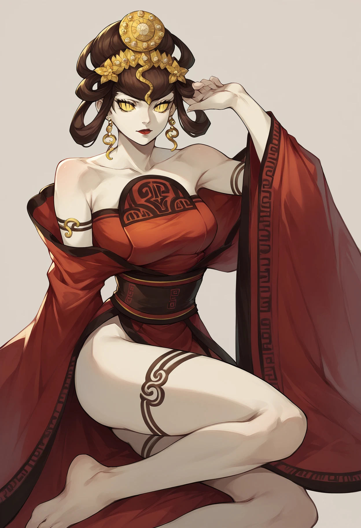 red face,red skin,beautiful face, muscular female, alternate muscle size,brown hair,hanfu,,muscular ,biceps,muscular legs