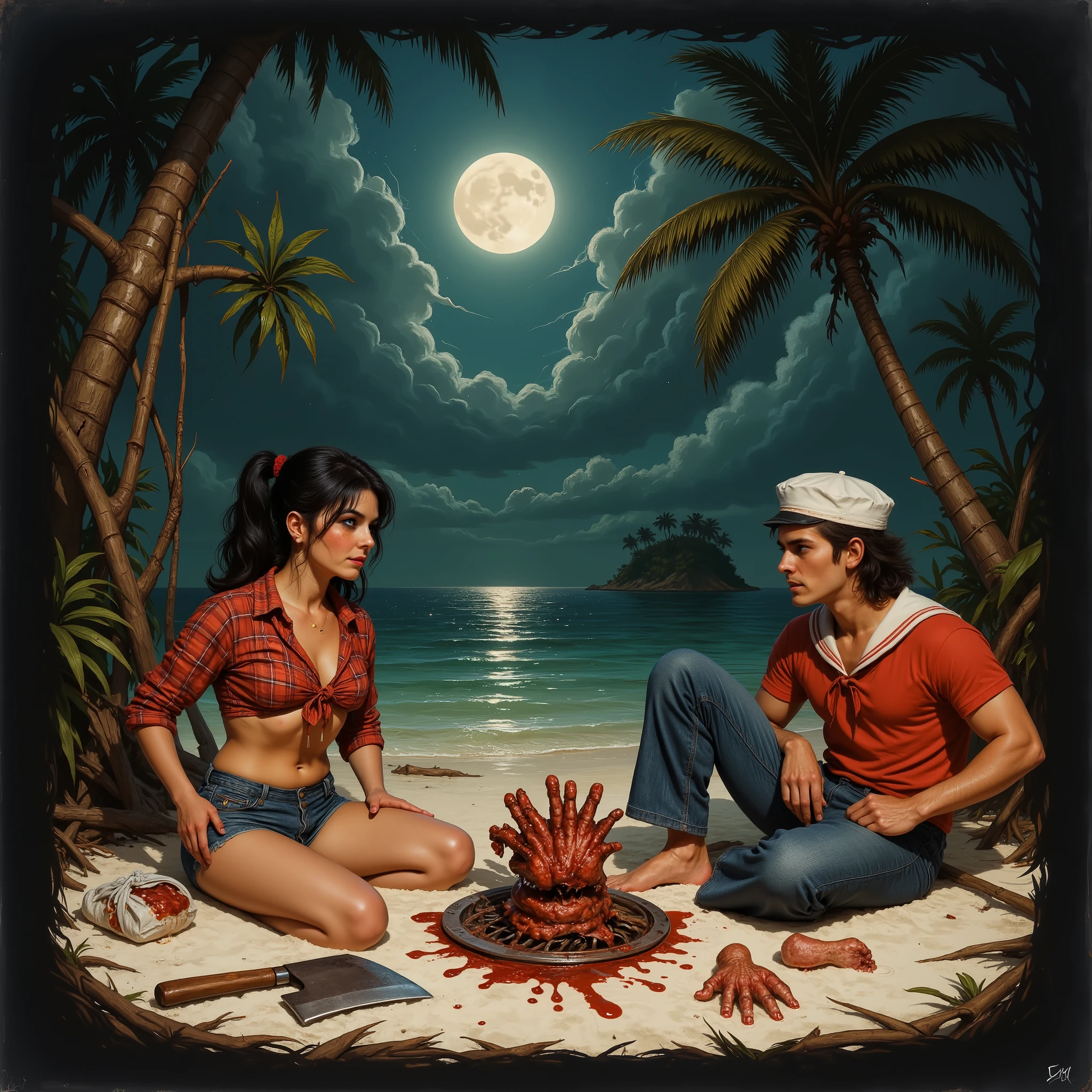 Mary Ann and a male castaway on a desert island sit around a makeshift BBQ spit, dug into the beach, using branches and bamboo as the BBQ pit rigging, watching greasy meat roast in anticipation, full moon at night, on the white beach of the surrounding lagoon are clothing items of the other castaways, a hatchet and butcher knife covered in blood lie at their feet, Mary Ann is wearing cut off blue jeans and a red plaid shirt tied at her midriff, she is young, and her black hair is in two ponytails, the man is about 25 and skinny, wearing sailor style bell-bottom blue jeans, a red pull-over sailor shirt and a sailor's cap, his hair is dark and a little long and messy, retro 60s TV show vibe, lush colors, the meat appears to be human hands and feet, natural lighting from the full moon, lurid vivid colors and details, an ominous mood, chilling atmosphere, smoky ambiance, cinematic composition, detailed, intricate, medium contrast, murky blue and green back lighting, volumetric lighting, Frazetta, Steranko, James Bama, classic fantasy art, lurid and vivid colors, perfect anatomy, masterpiece, HD, 8x, "anatomically correct human" "realistic proportions" "natural human pose" "full figure, accurate anatomy" "correct fingers and joints" 1960s TV, moody lighting, chiaroscuro, Italian pulp comic color palette, saturated dark orange tones and dark muddy greens, sparse red tinges on the edges of objects, film grain, Technicolor, dramatic shadows, unnatural angles, dark frame around image, vignette effect, , Suspended reality and dreamlike quality, Symbolic and grotesque imagery, Intricate lighting and shadow play, Stylized color palettes, Dynamic framing and composition, erotic, sexy, NSFW, more of a classic illustration style than a photograph, the picture has a dark frame or border, a slight vignette effect
