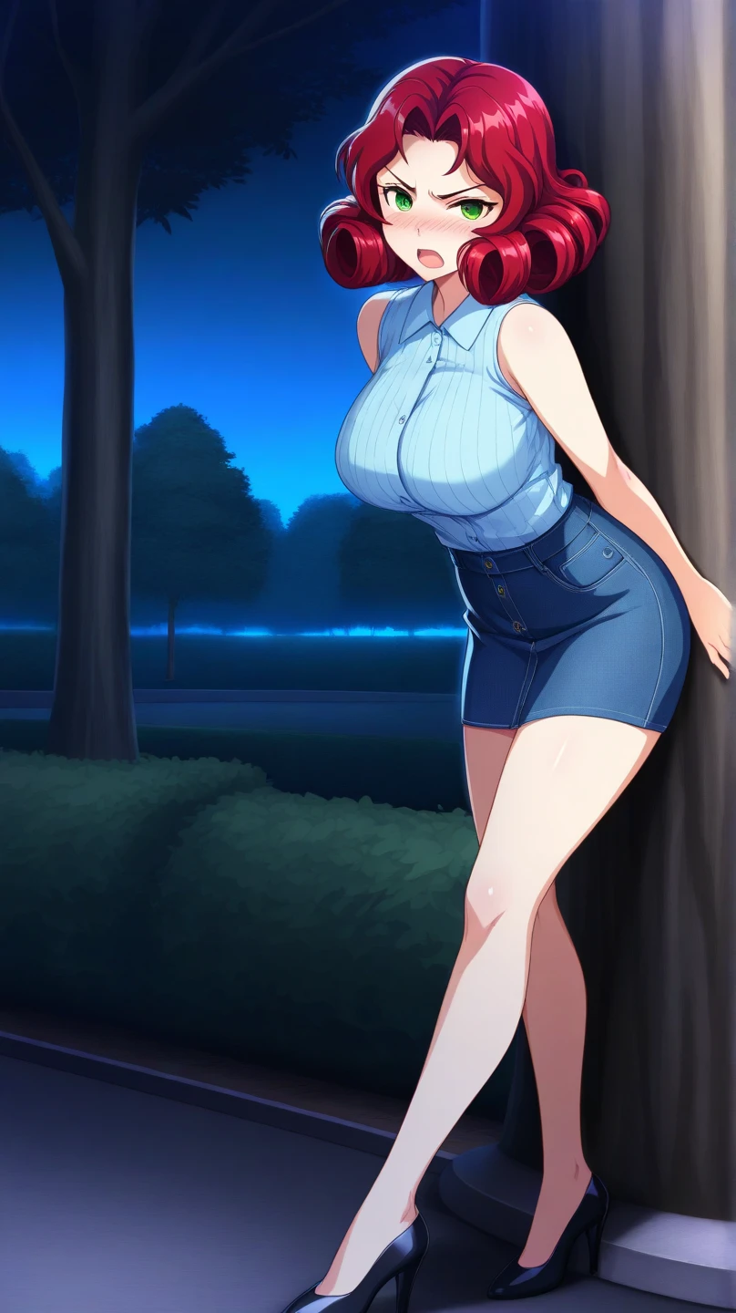 masterpiece, best quality, extremely detail 8k cg, high resolution, 1girl, pakura, green hair, orange eyes, perfect eyes, slim body, huge breasts, bursting breasts, standing, m1n1dr3ssng, black dress, sleeveless, strapless, high heels, forhead protector, seductive face, outdoors, garden, night time, beautiful face, wide shot photo, full body