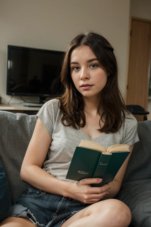 une jeune femme, brune, cheveux longs, 23ans, est assise, dans le fauteuil louis, Library XI, un livre a la main,  et rêve de voir, un phantasme, to come true, devant elle, which she will not be able to resist 