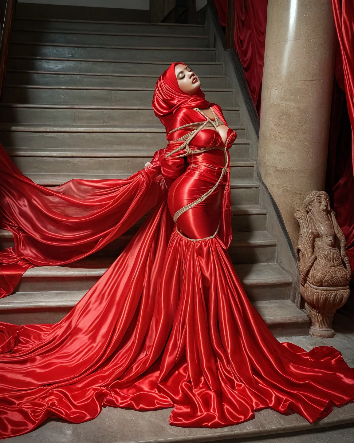 A woman shrouded in a 8-meter-long, plush red satin cloth, tightly bound and grandly draping along the form of her body, wear sexy corset,flowing off into a pooled floor-length train, styled in a mermaid-inspired outfit with very long train outfit, her head modestly veiled in a satin hijab, tall woman, walk on stage, a full-body pose conveying a sense of mysterious elegance, captured in a 4k resolution, ultra-realistic