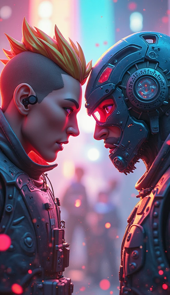photorealistic image, a handsome 30 year old japanese man with round face, stylish pink hair, kissing a handsome 30 year old filipino man with short blue hair, muscular bodybuilder, cyberpunk top, almost nude, cybernetic implants, sci-fi background, perfect cock, dripping precum, dramatic lighting, dramatic shadows, full body, fill frame, best composition, nsfw