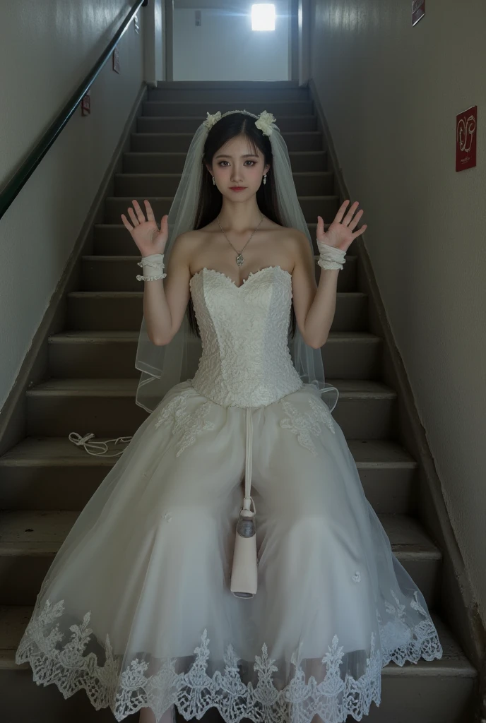 (((short-torsoed Japanese girls tied up by chain,arms up))), natural front lighting, ultra sharp focus, braided twin hair, large eyes with long eyelashes and double eyelids, dynamic angle,red lip,smile, (huge breasts), (full body shot:2), (slender waist),(thin long legs), wearing wedding dress